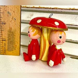 Vintage Wooden Holiday Christmas Ornament with Two Kids Under a Red Mushroom